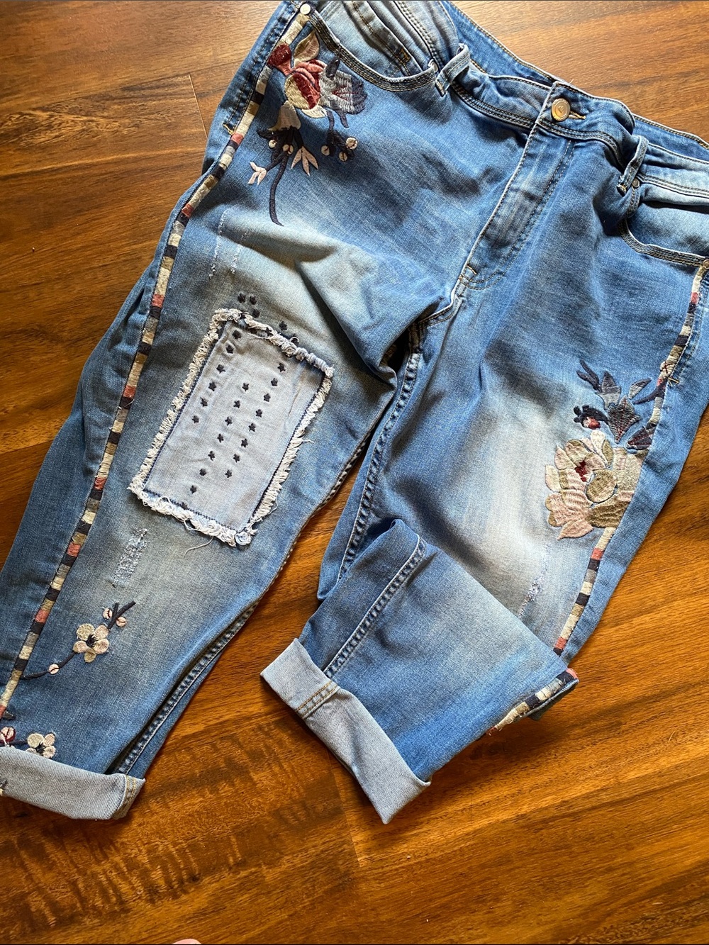 Upcycled Embroidered Jeans with Patch Detail